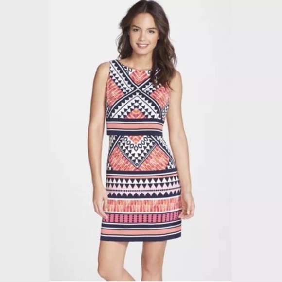 Eliza J Dresses & Skirts - Eliza J popover shift dress, pink navy geo pattern, sz 8, EUC